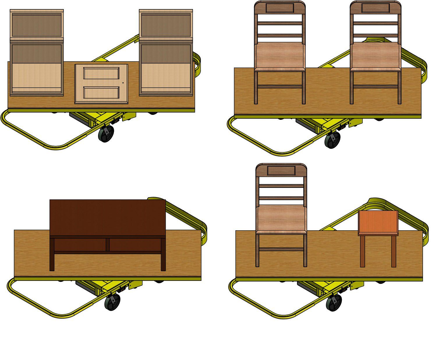 A PowerCart with various furniture items, including cabinets, chairs, and tables in four different arrangements.