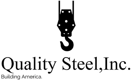 Logo of Quality Steel, Inc. with a crane hook design and the text “Building America.”
