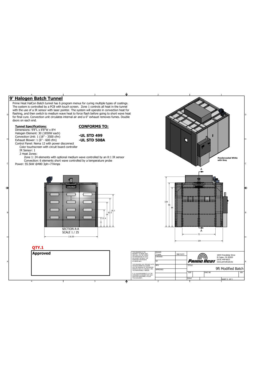 Technical drawing of a 12-foot Halogen Batch Tunnel with specifications and certifications.