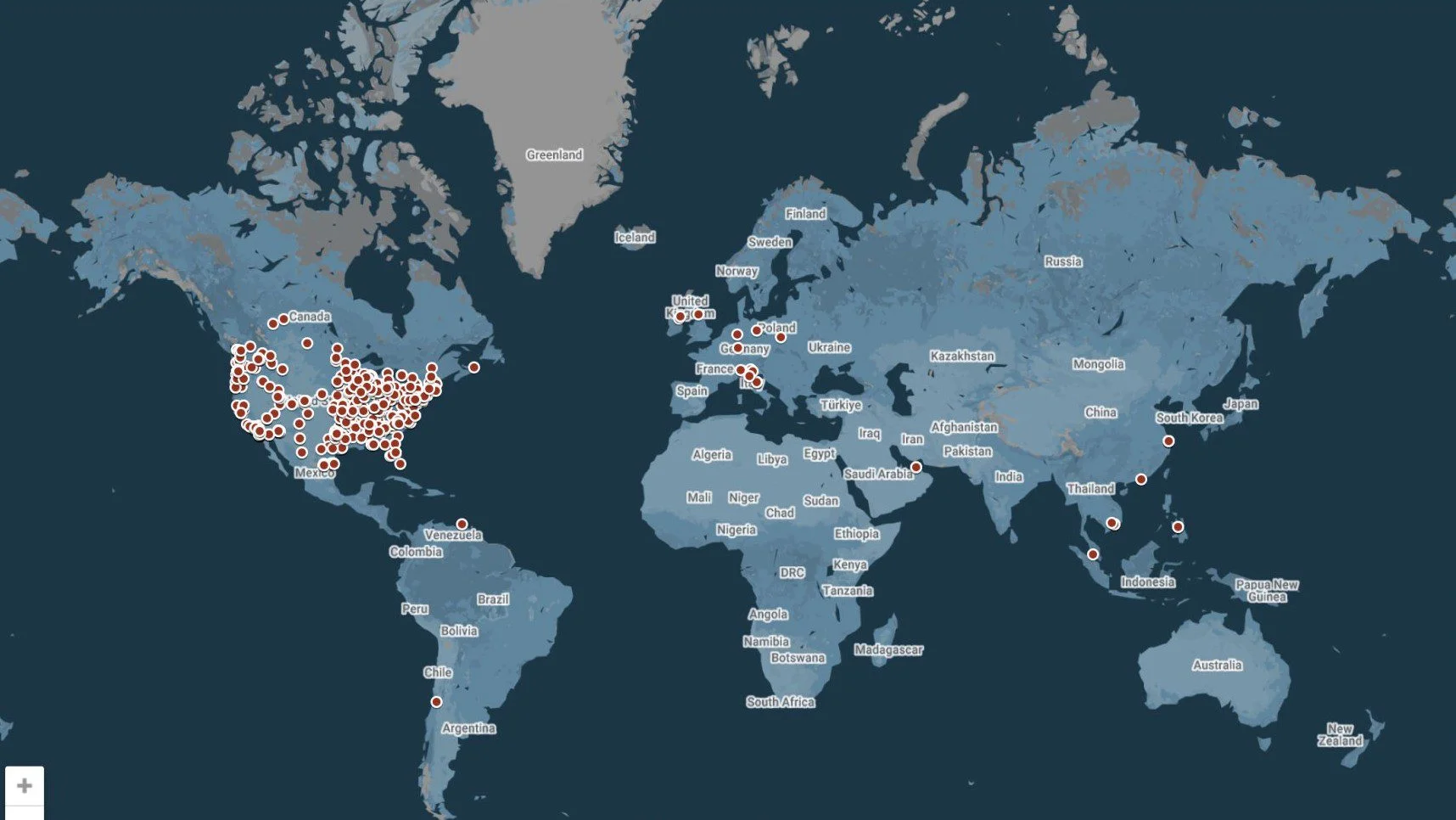 A world map with red dots indicating specific locations across various countries, including a high concentration in the United States and several in Europe, Asia, and other continents.