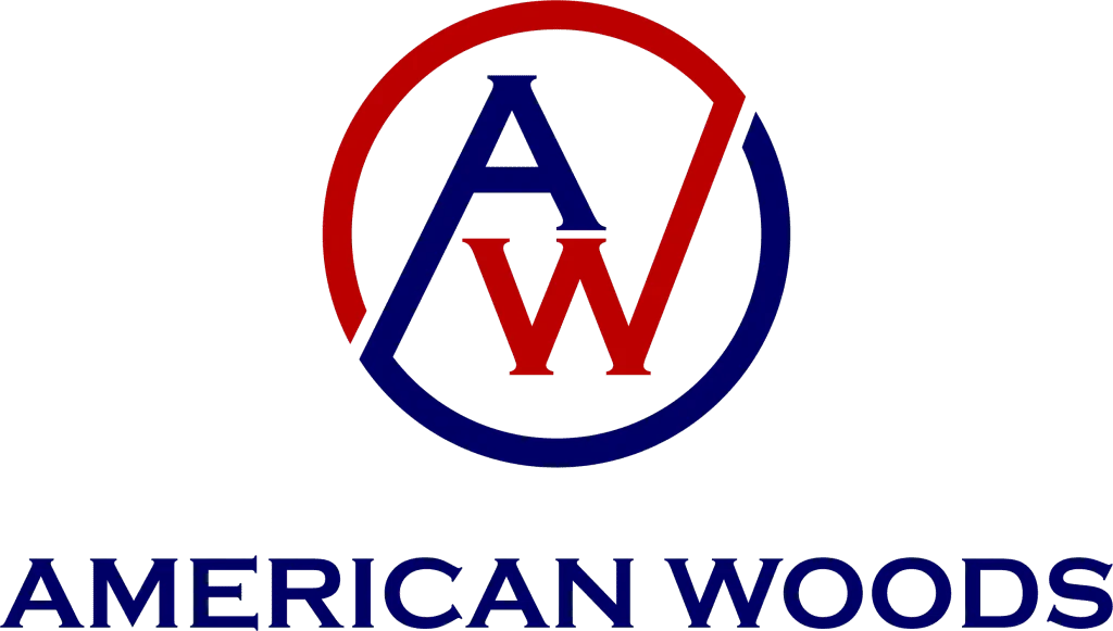 Logo with the letters A and W in a red and blue circle, with the text "AMERICAN WOODS" below in blue.