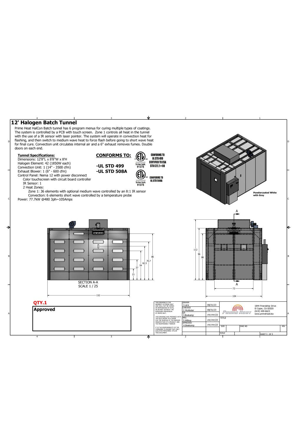 Technical drawing of a 12-foot Halogen Batch Tunnel with specifications and certifications.