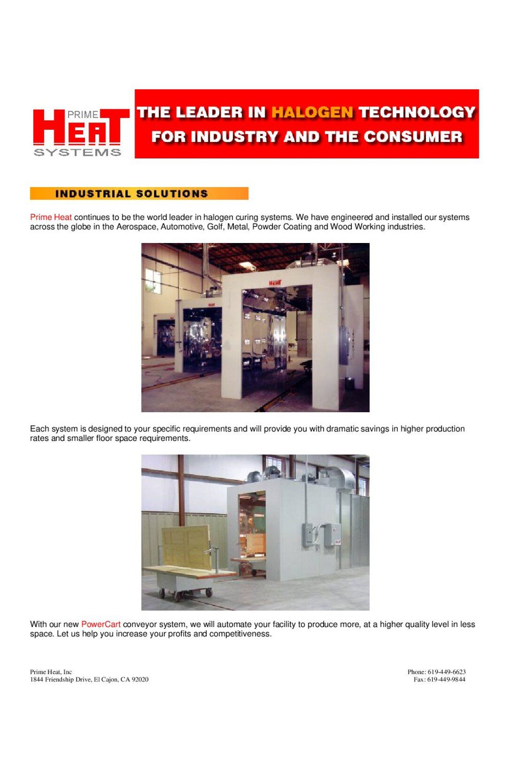 Flyer for Prime Heat Systems showcasing industrial halogen curing systems with images of equipment and contact information.