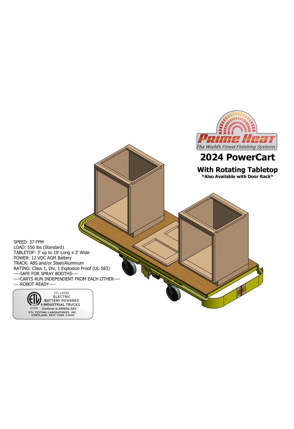 Illustration of the 2024 PowerCart with specifications and Prime Heat logo.